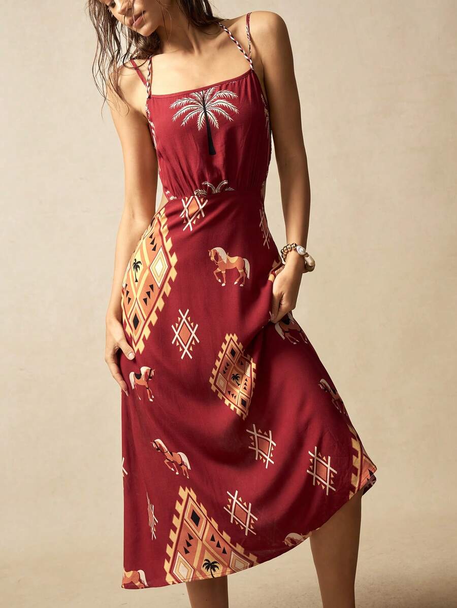 Bohemela BOHO Beach Vacation Style Woven Print Spaghetti Strap Backless Design Dress For Women - Redwood - View 1