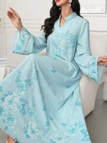 SHEIN Najma 女士长袖阿拉伯风格连衣裙，夏季时尚，端庄 - 藍色 - 查看 1