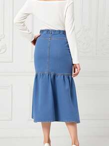 Sparklyn Teen Girl Personalized Street Fashion Style Front Button Elastic Waist Front Split Denim Skirt