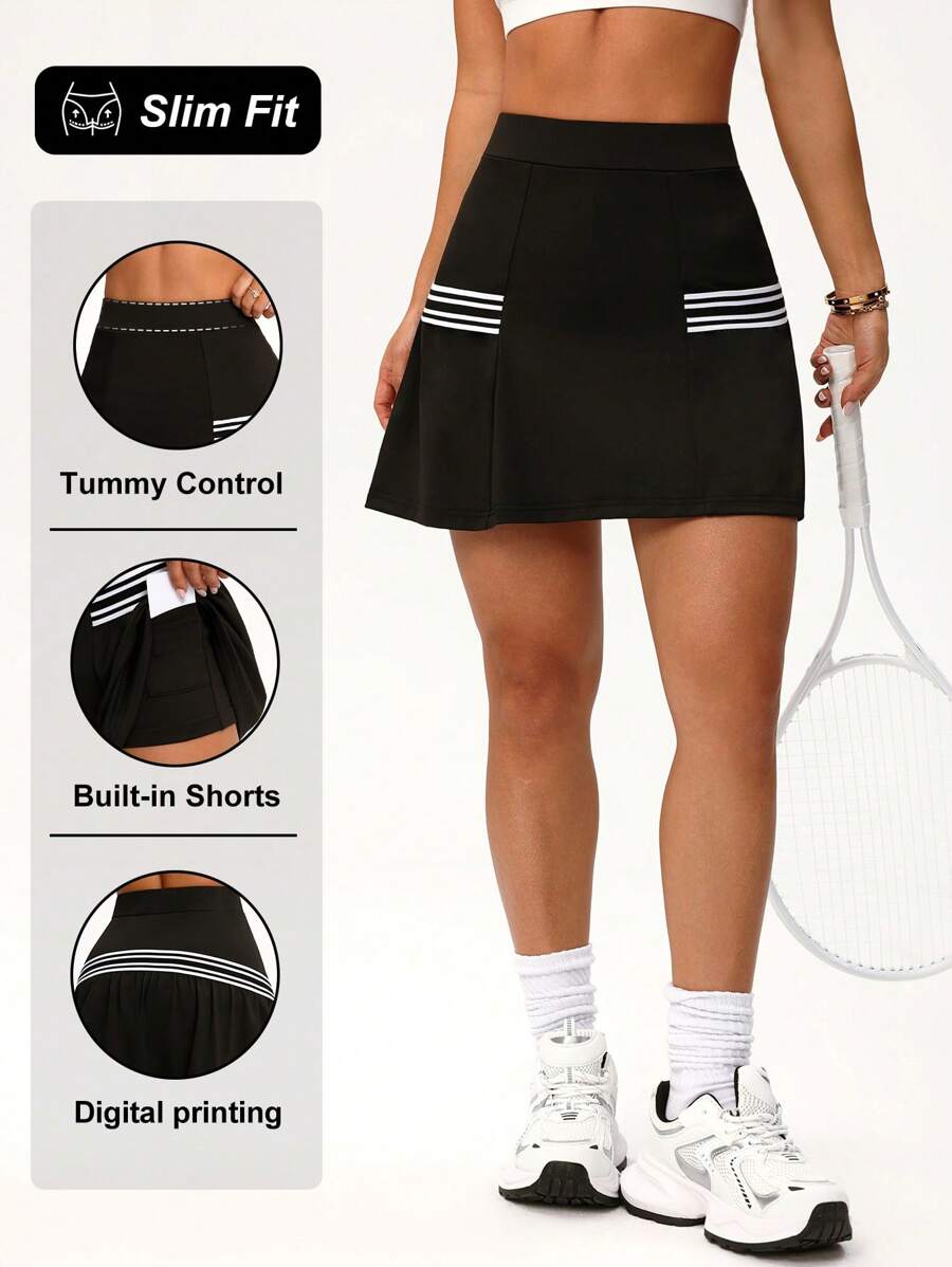 SHEIN Sports Women's Solid Color Patchwork Ribbon Pleated Sports Casual Mini Skirt Shorts - Black - View 1