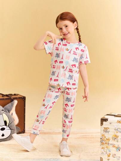 TOM & JERRY X SHEIN Camiseta de manga corta con estampado de dibujos animados y pantalones para niña, conjunto informal de verano