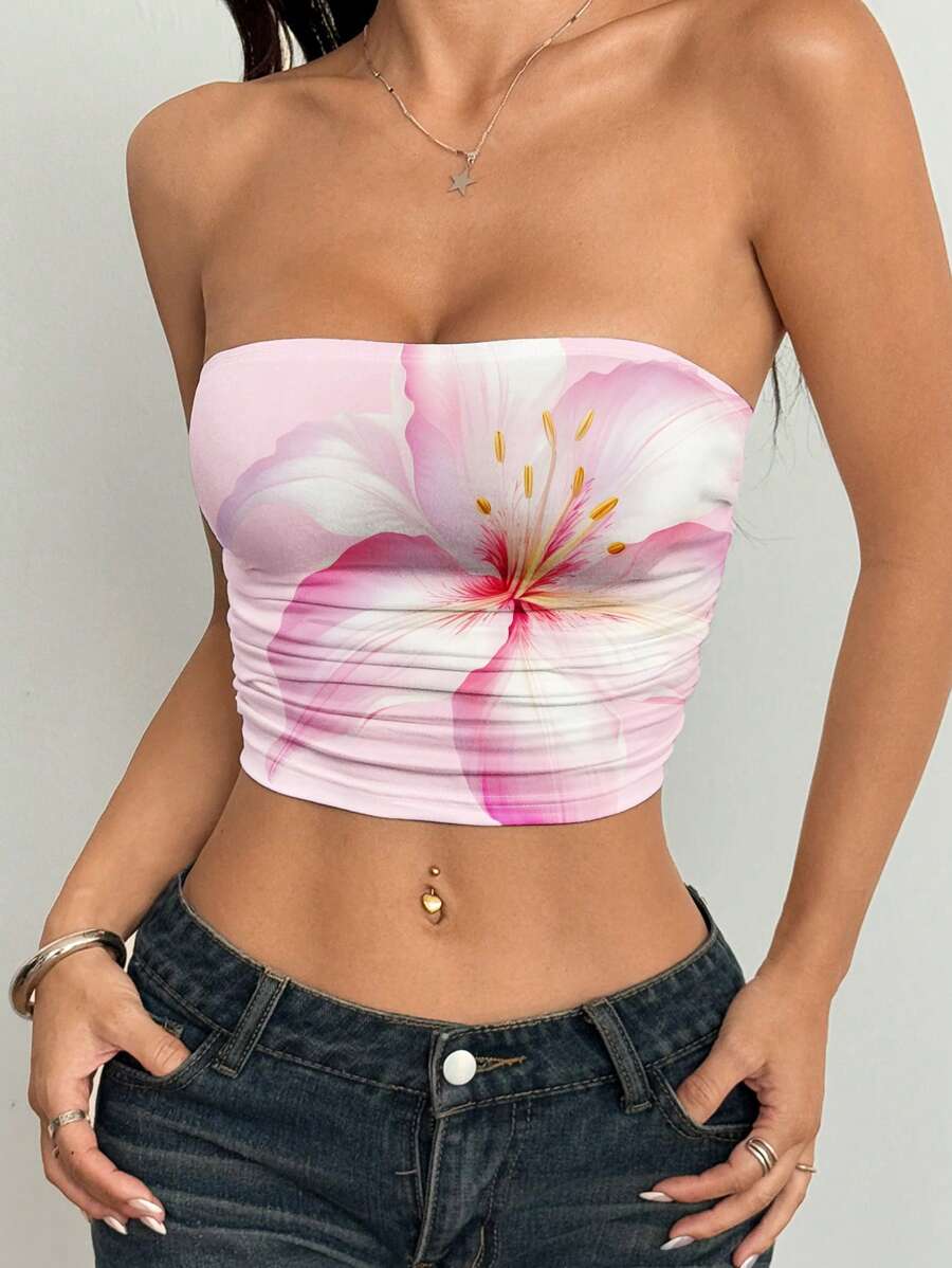 SHEIN EZwear Casual Minimalist Ruched Body Allover Floral Print Crop Top, Versatile For Summer, Beach, Music Festival Tube Top Suitable For Going Out