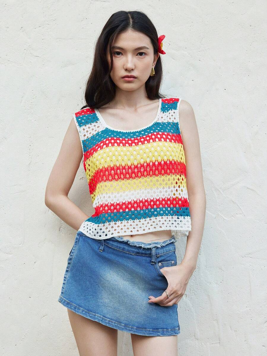 Celisse Top sin mangas de punto a rayas, suelto y con diseño calado, casual, de moda, lindo, tipo camisola, de colores, para vacaciones en la playa, verano