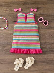 SHEIN Baby Girls' Casual Cute Colorful Striped Contrast Ruffle Trim Dress - Pink - View 8