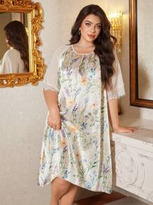 LuxeNights Plus Size Elegant Floral & Butterfly Print Mesh Splice Nightgown Babydoll Luxe Loungewear