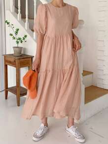 DAZY Women's Solid Color Chiffon Round Neck Lantern Short Sleeve Loose Pink Long Dress, Summer,Casual Women Dresses