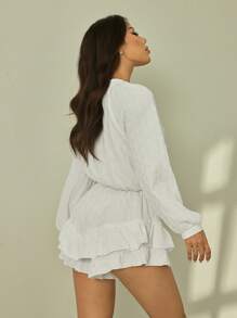 SHEIN PETITE Mono de mujer con cuello en V, manga raglán y volantes en el bajo - Blanco - Ver 2