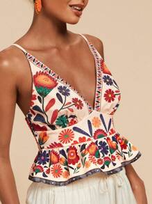 Travachic 女士花卉印花荷叶边下摆吊带背心，适合度假，夏季服装，女士夏季服装，女士度假服装，休闲假日海滩度假，女士沙滩服装，女士节日服装