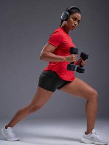 Powerista Áo thun thể thao cổ tròn tay ngắn thoáng khí thường ngày cho nữ, Áo tập gym mùa hè - Đỏ - Xem 5