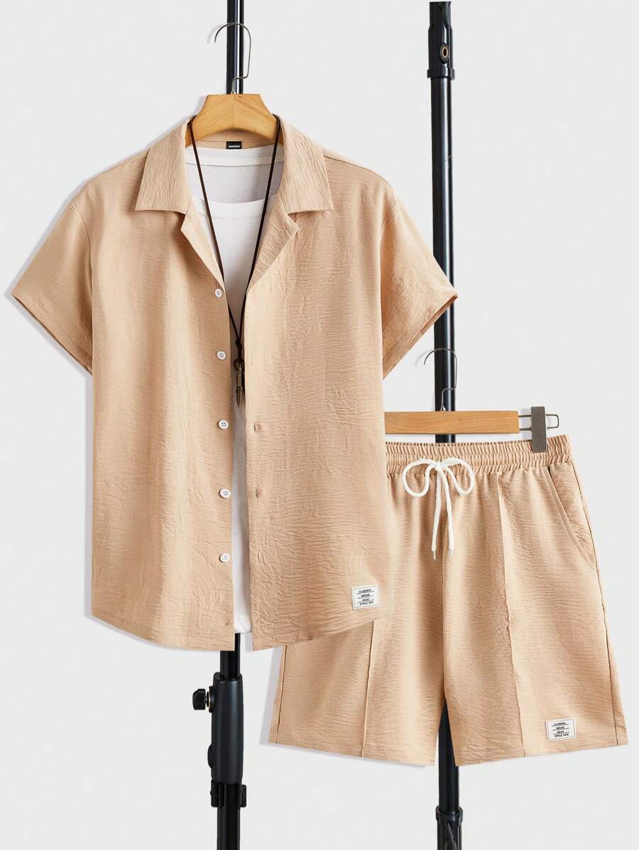 Manfinity RelaxMax Men's Letter Print Single Breasted Short Sleeve Shirt And Shorts Casual Set - Khaki - View 1