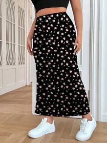 SHEIN EZwear 大码女式碎花 A 字中长裙，休闲简约，适合夏季 - 彩色 - 查看 5