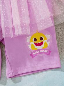BABY SHARK X SHEIN Leggings de malha contrastantes com estampa de tubarão fofa para meninas - Rosa - Ver 4