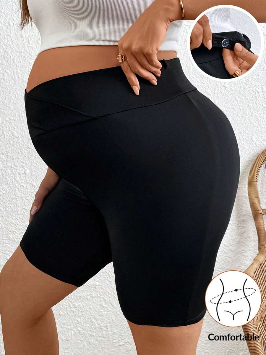 Plussiva Maternity Plus Size Solid Color Adjustable Waist Casual Shorts - Black - View 1
