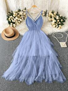 Rometta Romantic Date  Women's Plus Size Dusty Blue Summer Elegant Dress: Crisscross Cami Dress With Tiered Tulle
