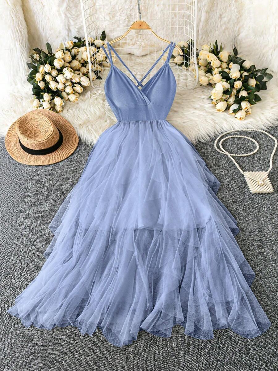 Rometta Romantic Date  Women's Plus Size Dusty Blue Summer Elegant Dress: Crisscross Cami Dress With Tiered Tulle