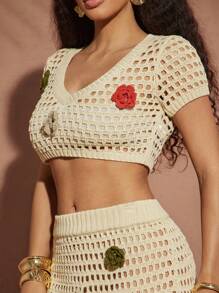 Vixey Top corto de manga corta con aplicación de flor 3D de ganchillo, para vacaciones en la isla, top transparente, para mujer de vacaciones, para la playa, vacaciones en la playa - Beis - Ver 6