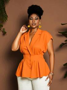 Maweii Plus Size Women Turndown Collar Solid Button Up Front Pleated Casual Shirt - Orange - View 3