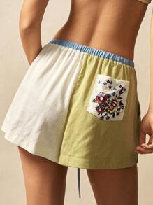 Bohemela 波西米亚风格宽松女式梭织短裤，带刺绣拼色图案，休闲度假装 - 薄荷綠 - 查看 6
