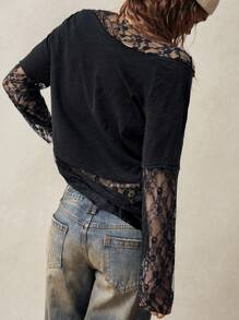 Bohemela 大码女式蕾丝拼布不对称领口上衣