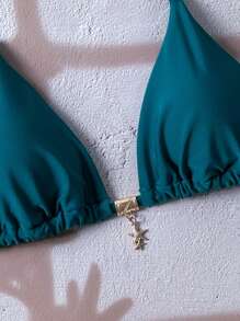 Swim Chiccia Springbreak 女式简约设计纯色肩带金属吊坠比基尼上衣 - 水鴨藍 - 查看 4