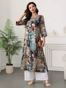 Lacomfia Women's Vacation Casual Patchwork Print Side Slit Shirt - Grey - View 6