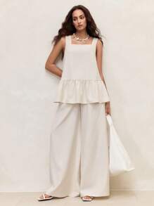Zanirela Zanirela Women Linen Ruffle Babydoll Loose Fit Top & Wide Leg Pants Two Pieces Outfits For Daily Wear,Summer Outfits For Women - Apricot - View 2