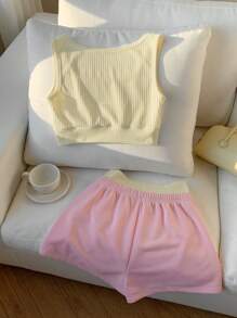 Comfortcana Women's Summer Vacation Letter Print Tank Top And Contrast Color Block Shorts Set, 2 Pieces Outfit Island Vacation Outfits - Apricot - View 2