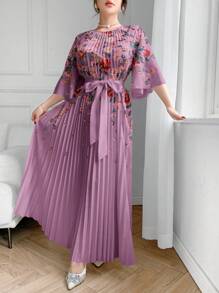 Modelyn 女士花卉印花腰带连衣裙，褶饰细节，优雅