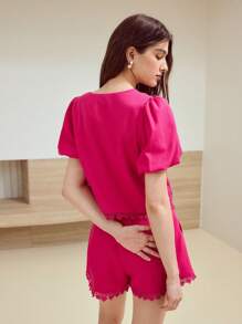 MOTF STUDIO LINEN CONTRAST GUIPURE LACE BLOUSE - Hot Pink - View 5