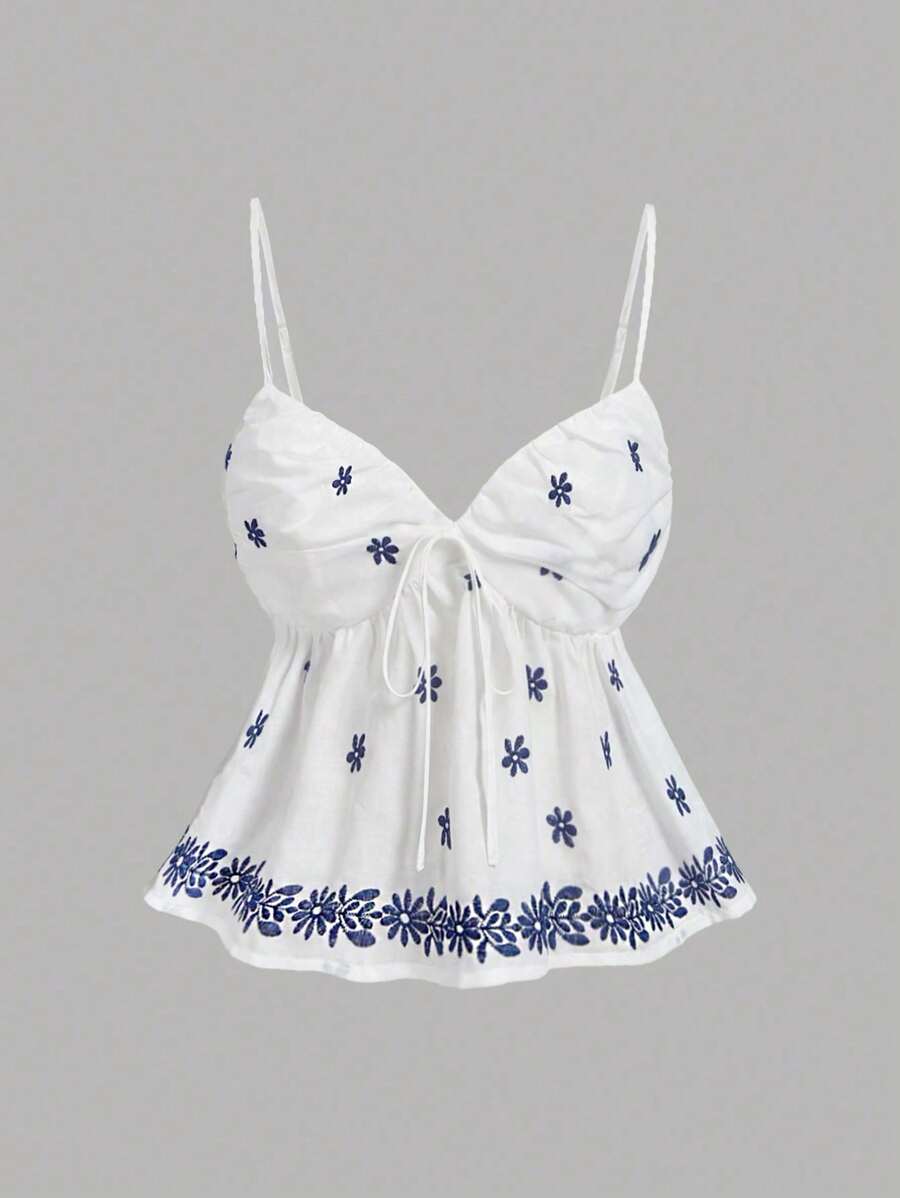 SHEIN MOD Butterfly & Beach Print Ruffles Chest Bow Vacation Tank Top,Bohemia,Hawaiian ,Tropical  , Elegant,Vacation ,Going Out  Top