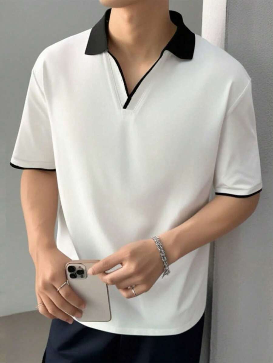 Tween 男童休闲度假百搭罗纹领半拉链 V 领宽松针织 Polo 衫，适合学校、花园、海滩、生日、春夏秋冬四季 - 白色 - 查看 1