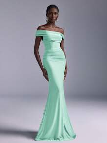 Elitara 优雅褶饰露肩美人鱼长裙，适合婚礼、活动、派对、蜜月、伴娘（成人） - 水鴨藍 - 查看 4