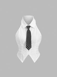 Sweetra American Style Solid Color Tank Top, Cropped Fitted Zip Up Collared Formal Shirt For Women - White - View 2