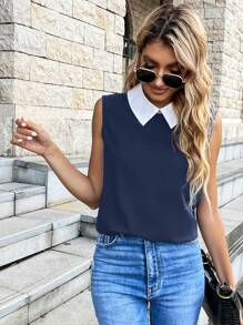 SHEIN LUNE Casual Colorblock Collar Sleeveless Shirt, Summer - Navy Blue - View 7
