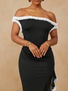 L'Amorae Women's Plus Size Elegant Wedding Off Shoulder With Ruffle Trim High Slit Maxi Dress - Black - View 5