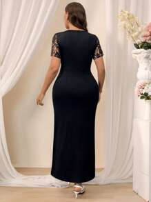 SHEIN Belle Long Black Lace Knit Dress With Slit For Women, Plus Size, Suitable For Wedding