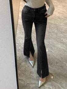 Joudiya Split Flare Jeans - Dark Grey - View 3