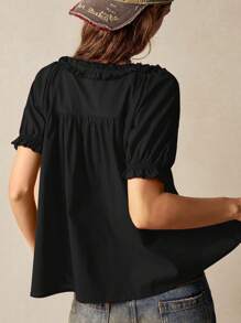 Bohemela Damen Lässig einfarbiges locker sitzendes Hemd aus Gewebe mit Kurzarm