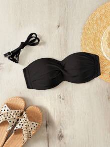 SHEIN Swim Women's Solid Color Twisted Bandeau Bikini Top, Summer Beachwear, Push Up, Underwire - Black - View 1