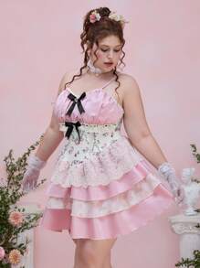 ROMWE Fairycore Đầm ren thêu hoa cỡ lớn thanh lịch dây mảnh - Hồng - Xem 7