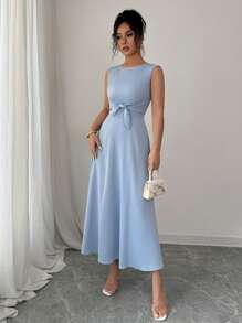 Elenzga Elegante vestido con cuello en V, lazo en la cintura y bajo acampanado