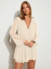 COSMINA Women Mini Solid Color Long Sleeve Dress, Fashionable For Summer - Apricot - View 6