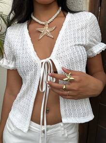 Sunnyshic Summer Casual Solid Color Textured Short Sleeve Tie Front T-Shirt - White - View 4