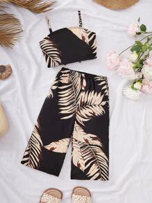 SHEIN Leap Crew Babygirl 可爱花卉印花吊带背心和松紧腰长裤套装，夏季度假 - 彩色 - 查看 1