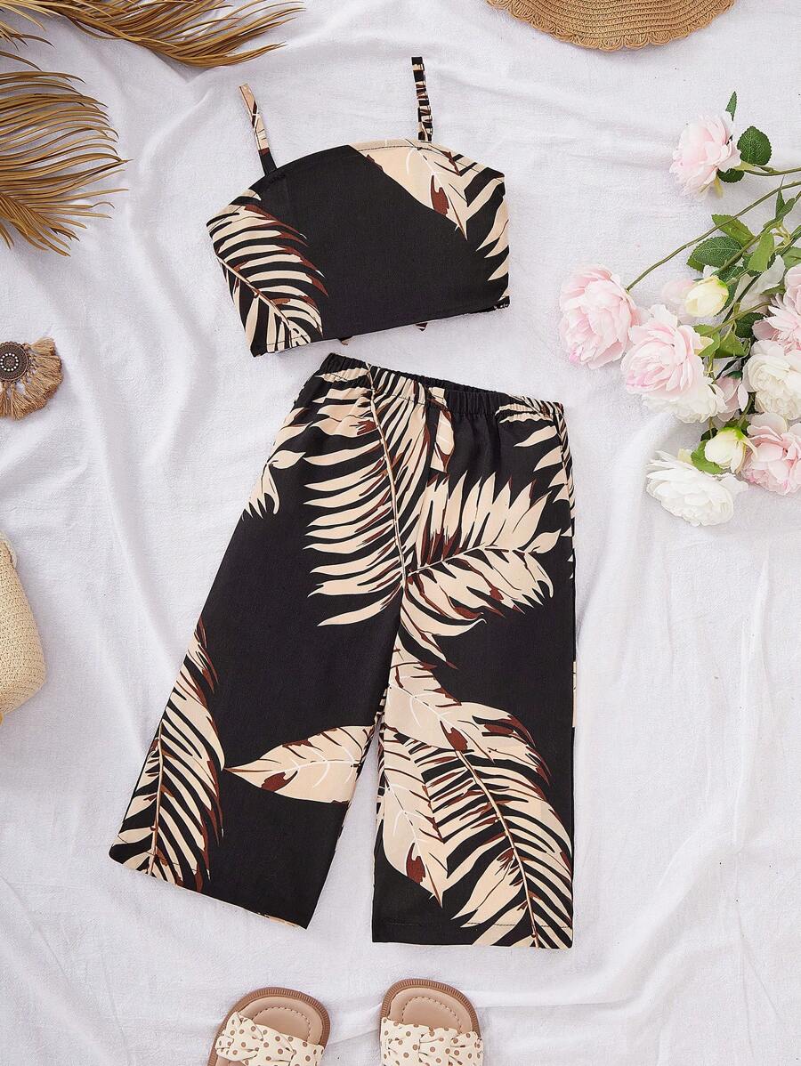 SHEIN Leap Crew Babygirl 可爱花卉印花吊带背心和松紧腰长裤套装，夏季度假 - 彩色 - 查看 1