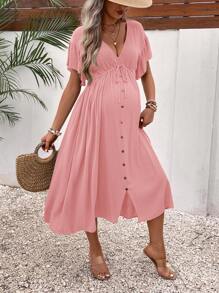 SHEIN Váy bầu tay ngắn cổ chữ V màu trơn, thời trang cho mùa hè - Hồng - Xem 3