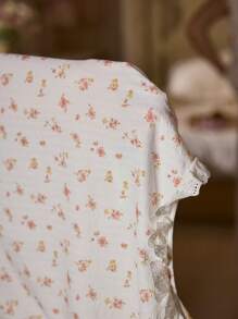 CottageSlumber Conjunto de pijama para mujer con cuello redondo, manga corta con volantes y pantalones estilo romántico con estampado floral pequeño para la temporada de vacaciones