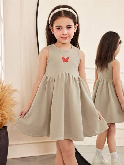 SHEIN Vestido informal para niña con escote redondo, sin mangas, con estampado de mariposa, y diseño asimétrico partido