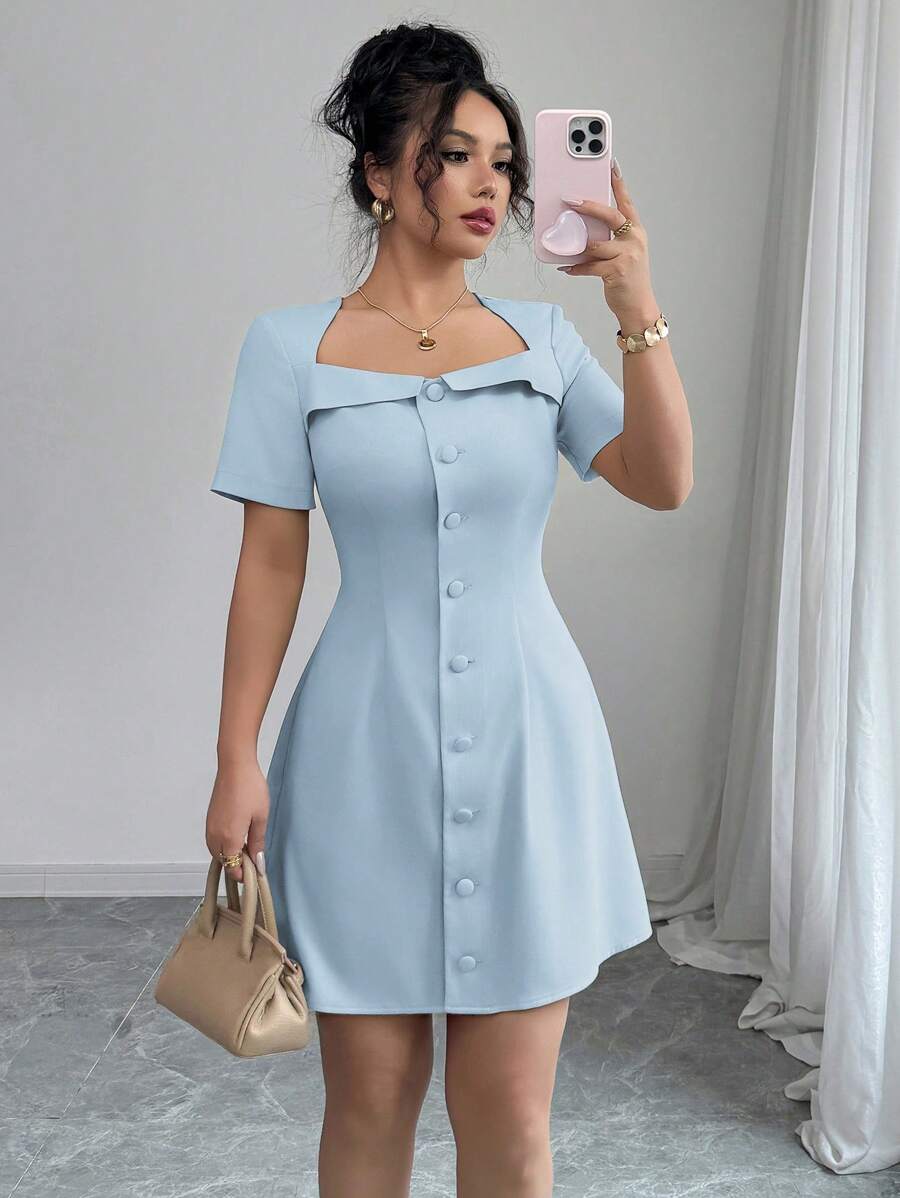 Elenzga Women's Elegant Commuting Trapezoidal Collar, Ruffle Collar, Button Front, Waist Drawstring, A-Line Short Sleeve Short Dress, Spring/Summer - Blue - View 1
