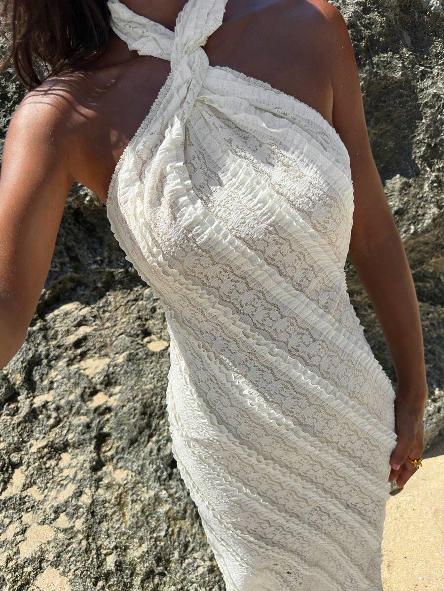 Opulessa Solid Color Knit Lace Halter Neck Backless Mermaid Tail Fitted Dress For Women - White - View 1